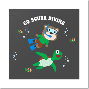 Diving with funny bear and turtle with cartoon style. Posters and Art